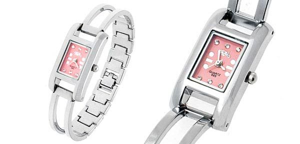Stainless Steel Back Pink Rectangle Watchcase Bracelet Watch